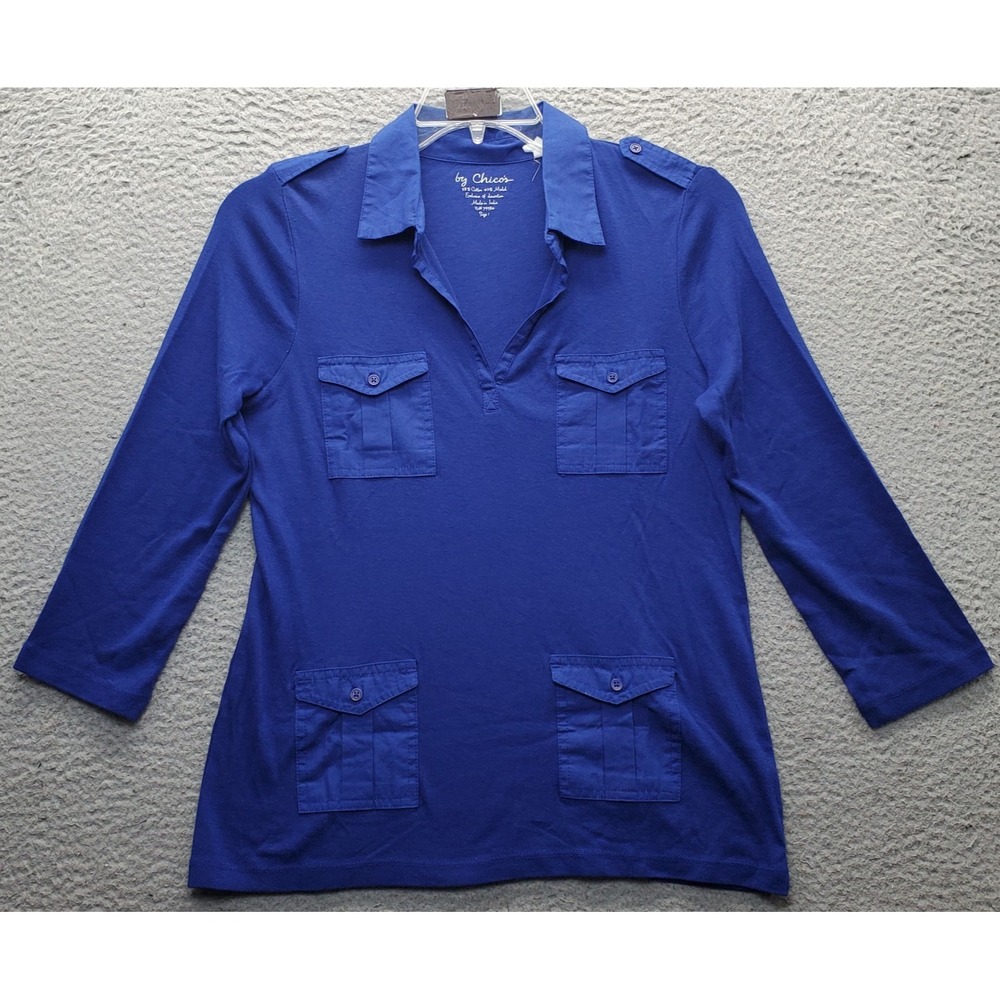 Chico's Utility Top Womens Medium Blue 3/4 Sleeve Flap Pockets Shoulder Epaulets